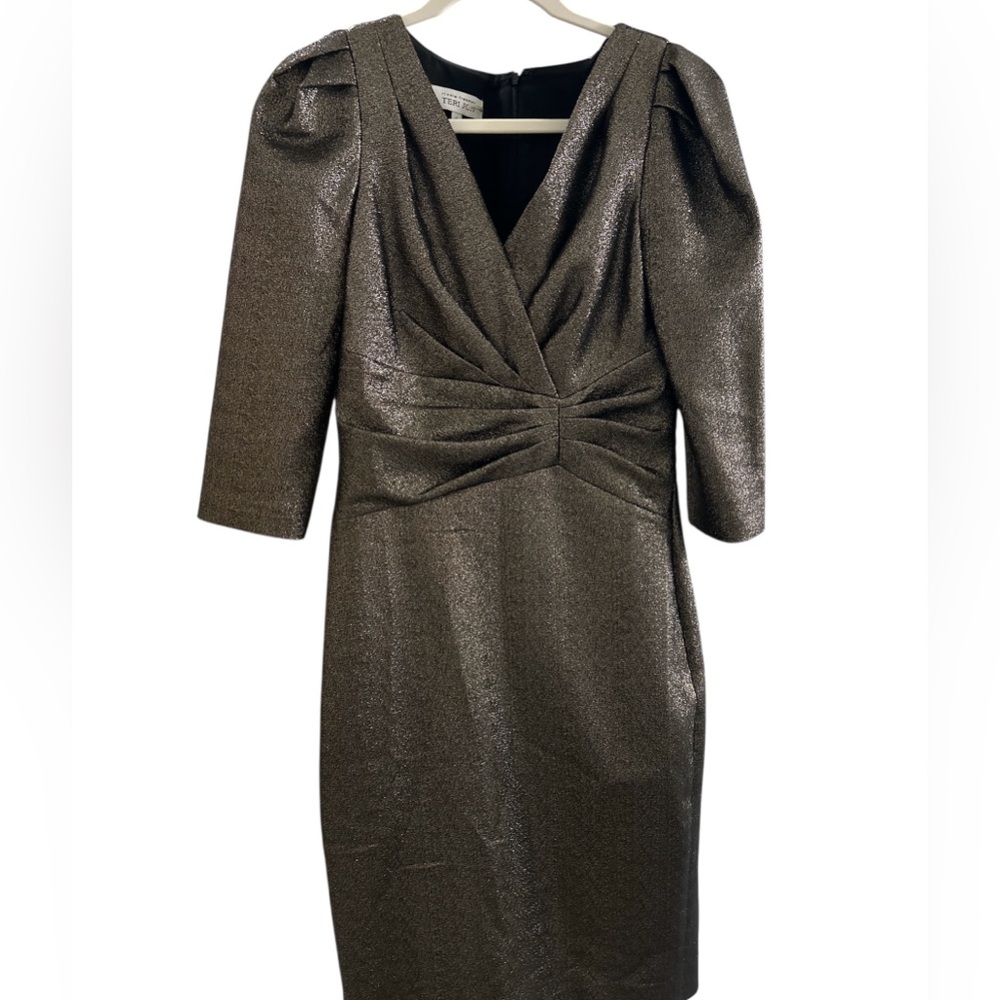 Teri Jon Metallic Long Sleeve Dress in Shimmering Brown